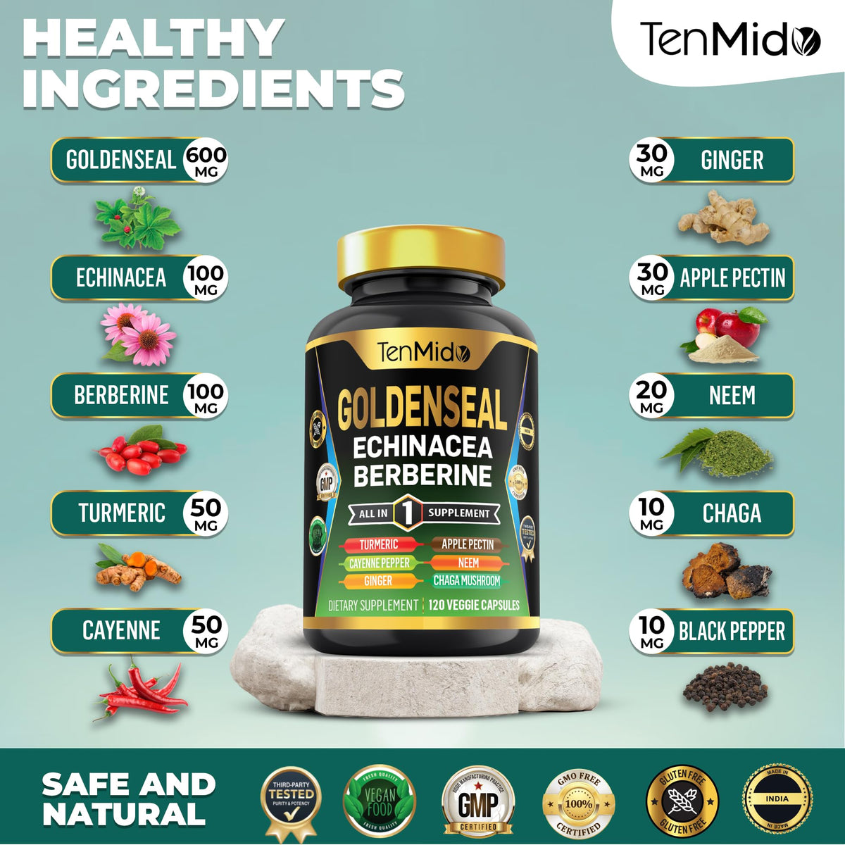 Front packaging of Tenmido Goldenseal Digestive Health Supplement