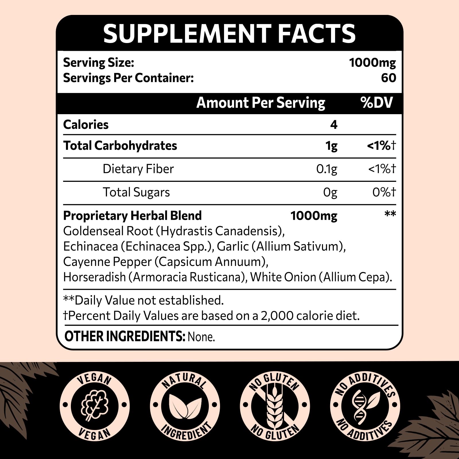 Zypherionixis 1000mg herbal blend supplement side panel showing product facts.