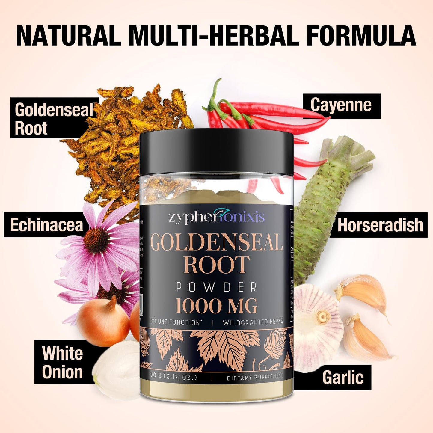 Zypherionixis organic goldenseal supplement container back view with usage warnings.
