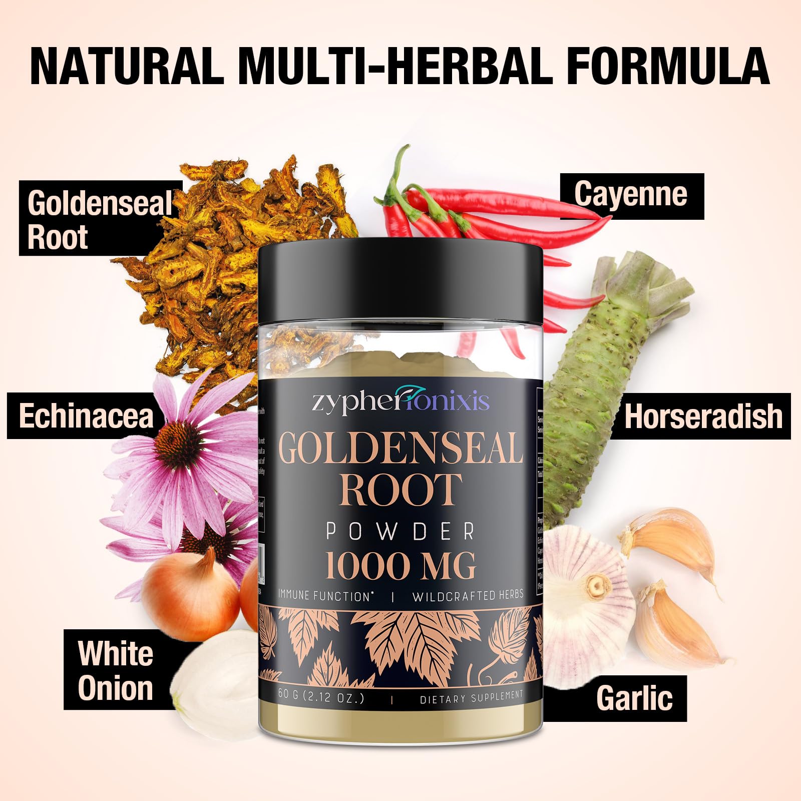 Zypherionixis organic goldenseal supplement container back view with usage warnings.