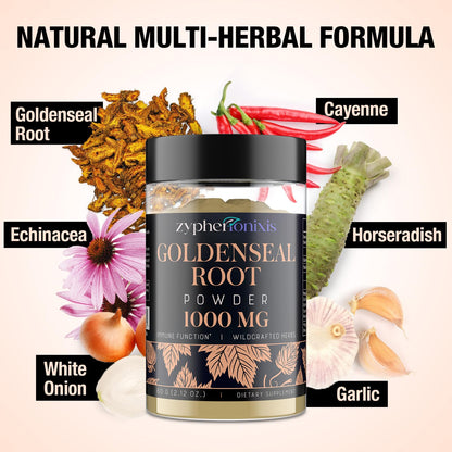 Zypherionixis organic goldenseal supplement container back view with usage warnings.