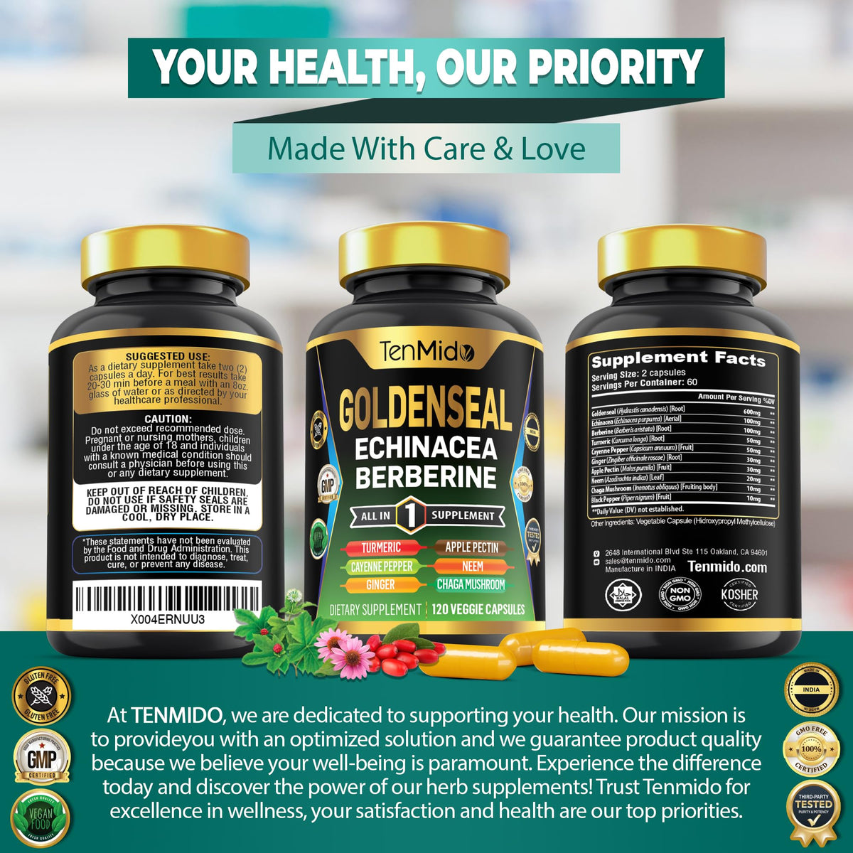 Close up of Tenmido Goldenseal Root supplement container