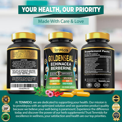 Close up of Tenmido Goldenseal Root supplement container