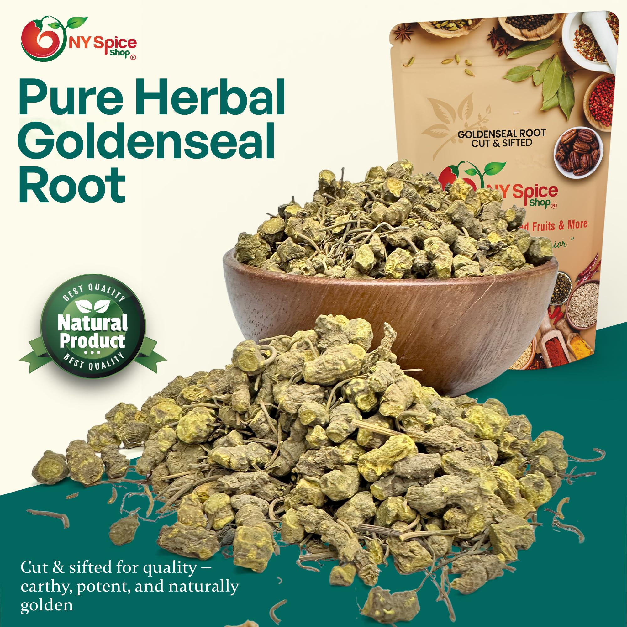 NY Spice Shop Hydrastis Canadensis cut and sifted yellow root pieces close up view