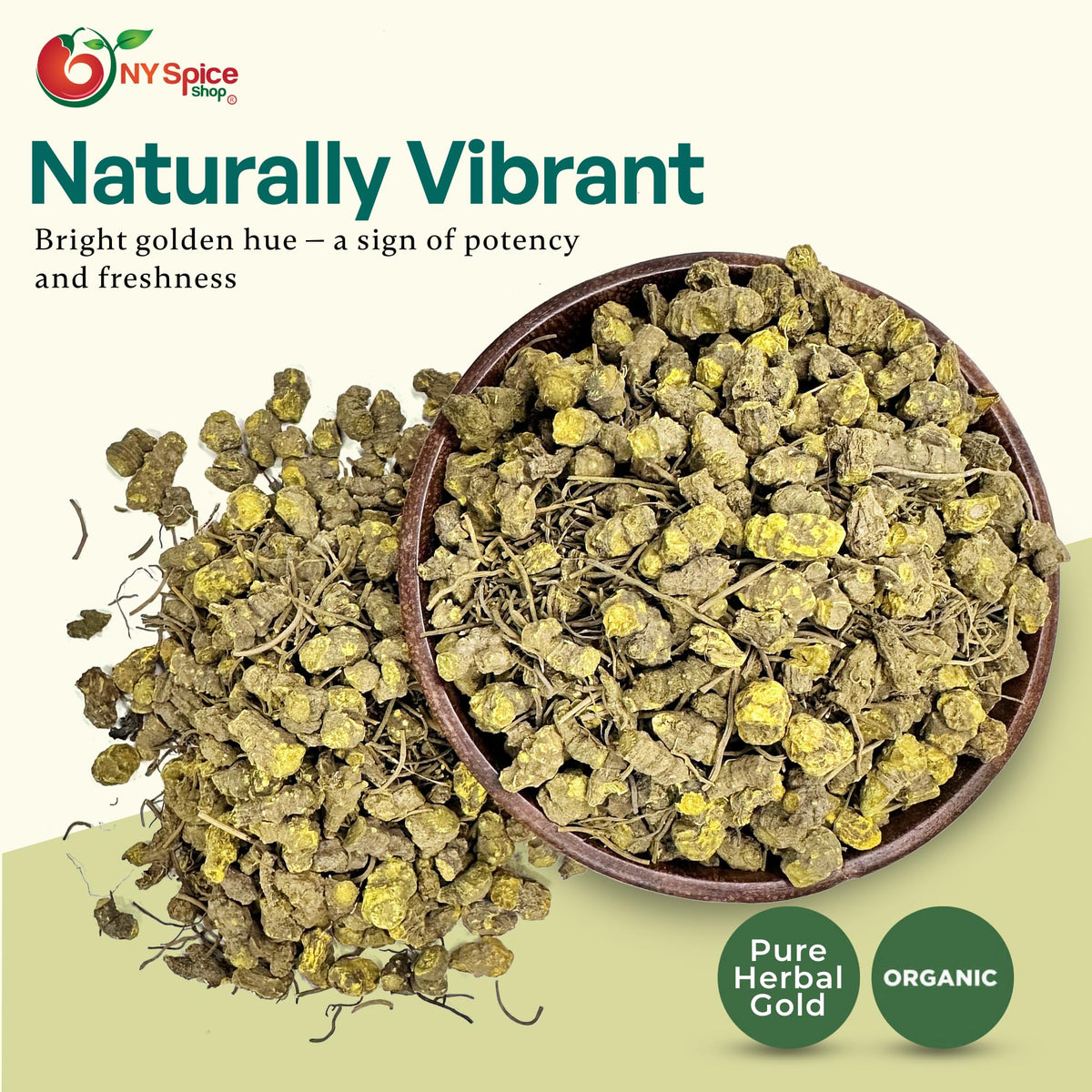 Natural goldenseal root pieces displayed next to its resealable freshness pouch