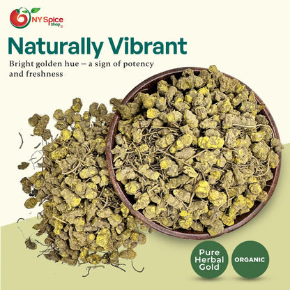 Natural goldenseal root pieces displayed next to its resealable freshness pouch