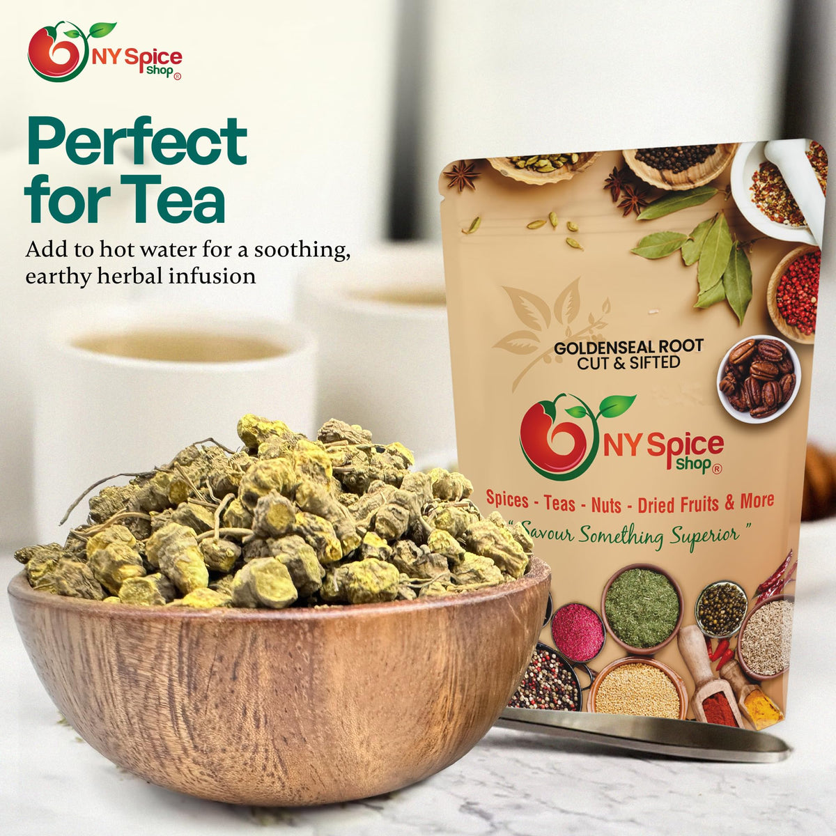 Authentic USA imported goldenseal root loose herb showing distinctive yellow and brown texture