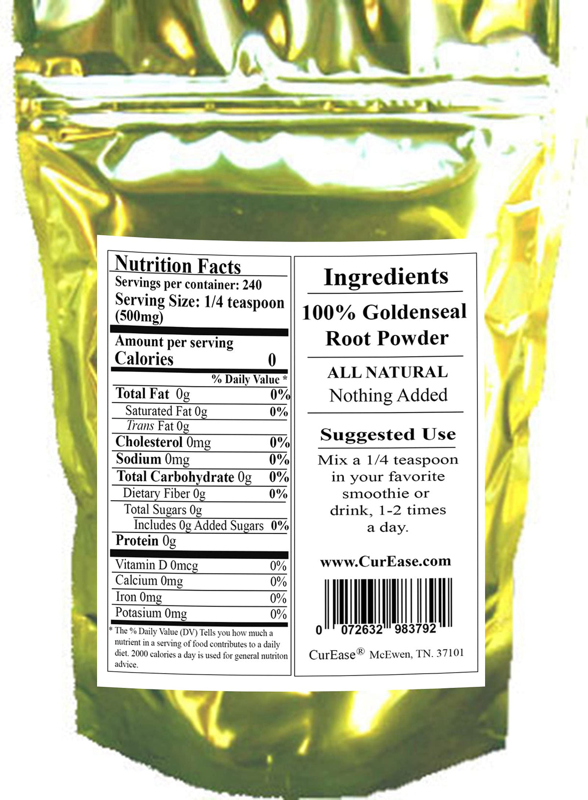 Back label of CurEase Goldenseal showing clear serving facts and ingredient purity guidelines
