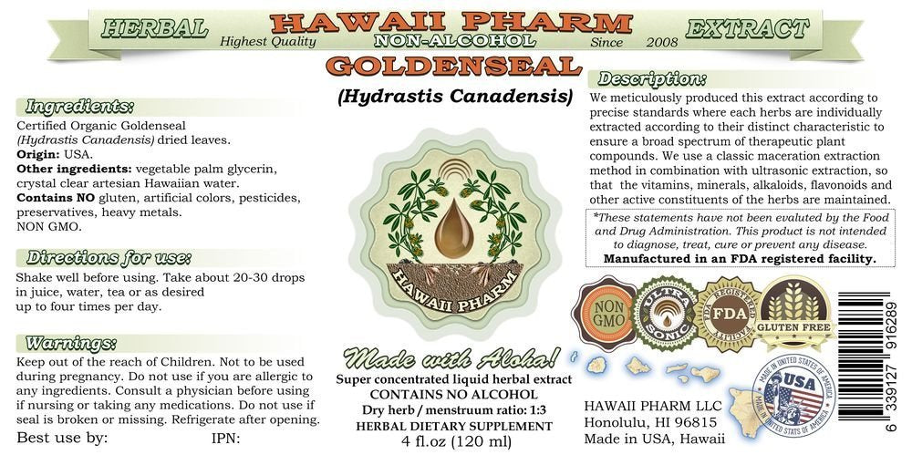 Hawaii Pharm Goldenseal liquid extract packaging details displaying natural ingredients list