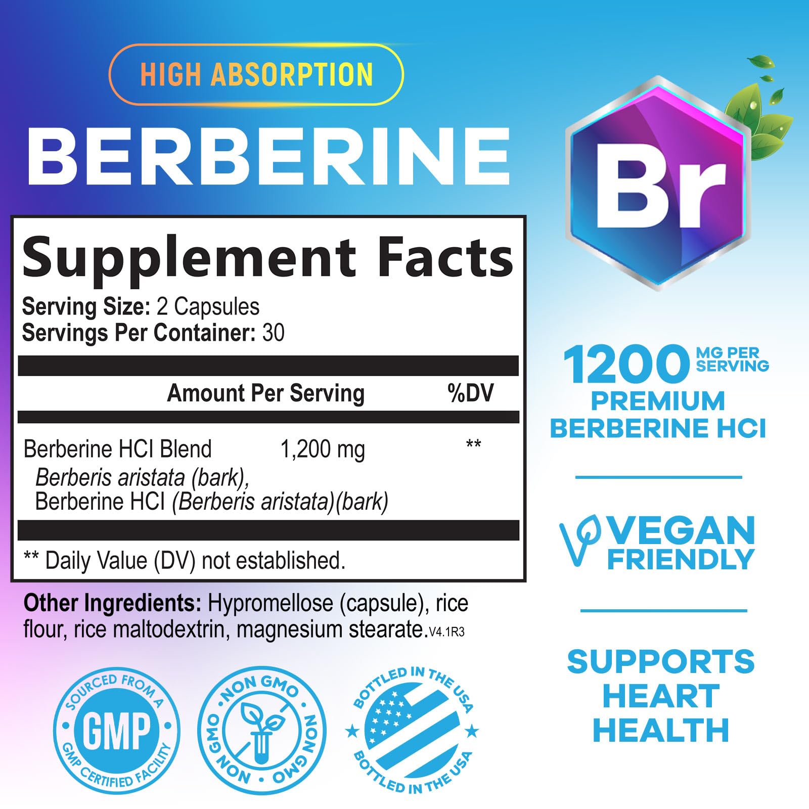 Nature's Nutrition Berberine HCL 60 veggie capsules nutritional supplement label facts