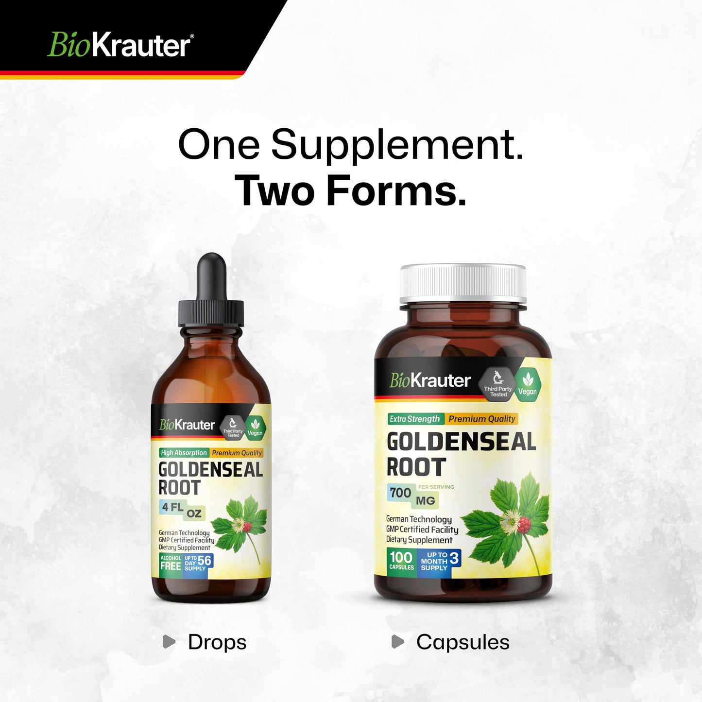 Bio Krauter Goldenseal dietary supplement back label indicating vegan formula details