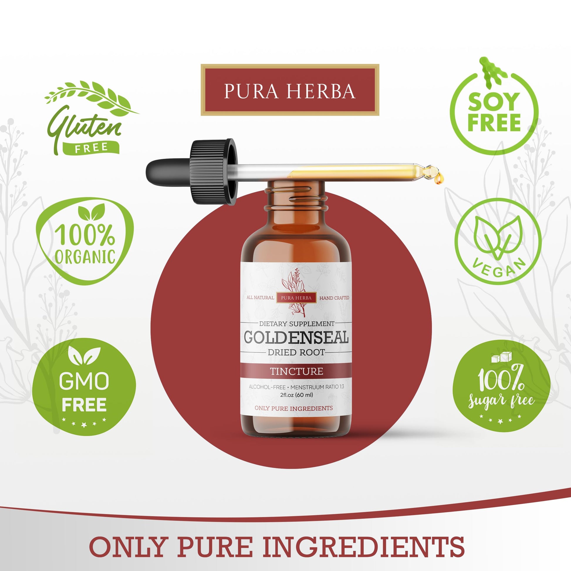 Close up of the dropper application for Pura Herba alcohol free herbal supplement demonstrating daily usage.