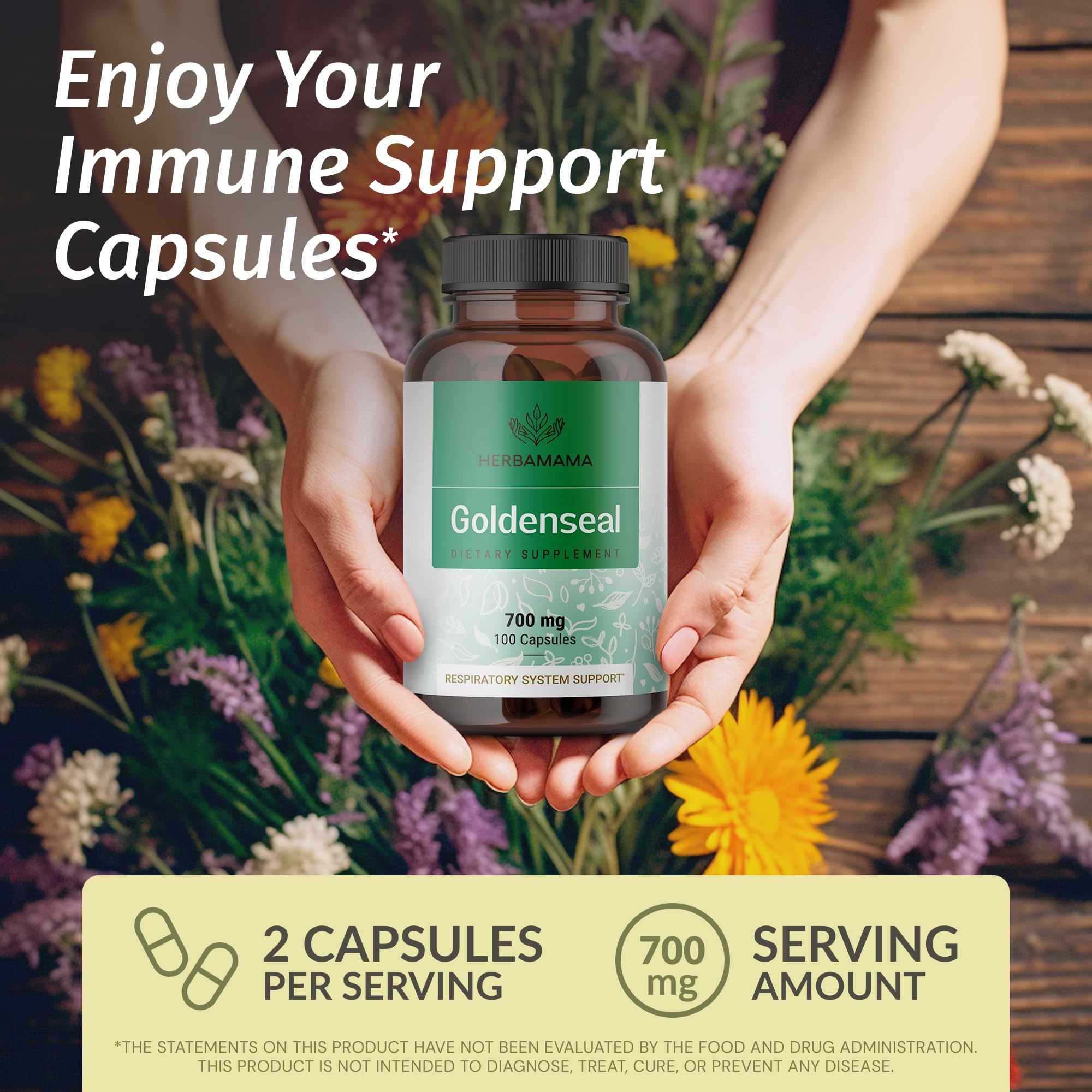 Herbamama Goldenseal Root supplement capsules showing ingredient facts panel