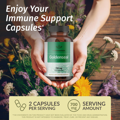 Herbamama Goldenseal Root supplement capsules showing ingredient facts panel