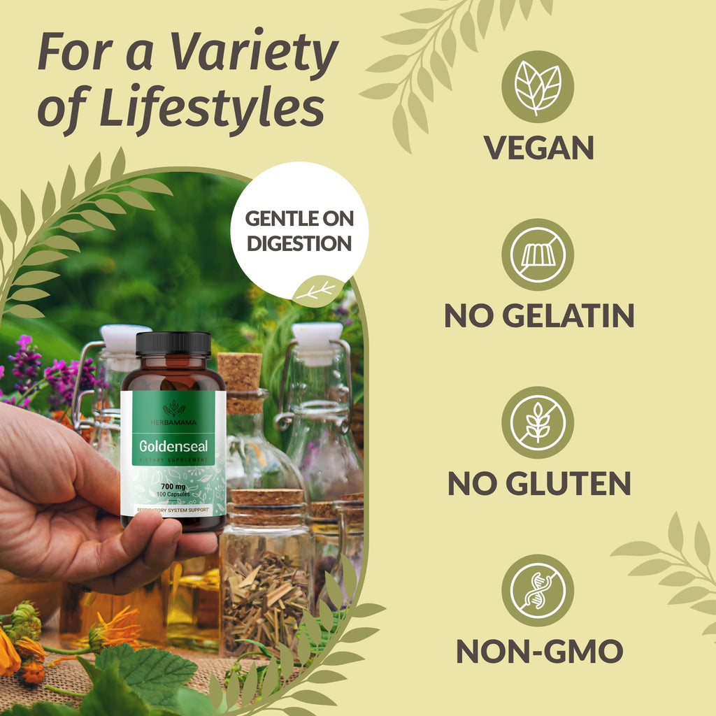 Close up of Herbamama Goldenseal capsule product seal and manufacturing details