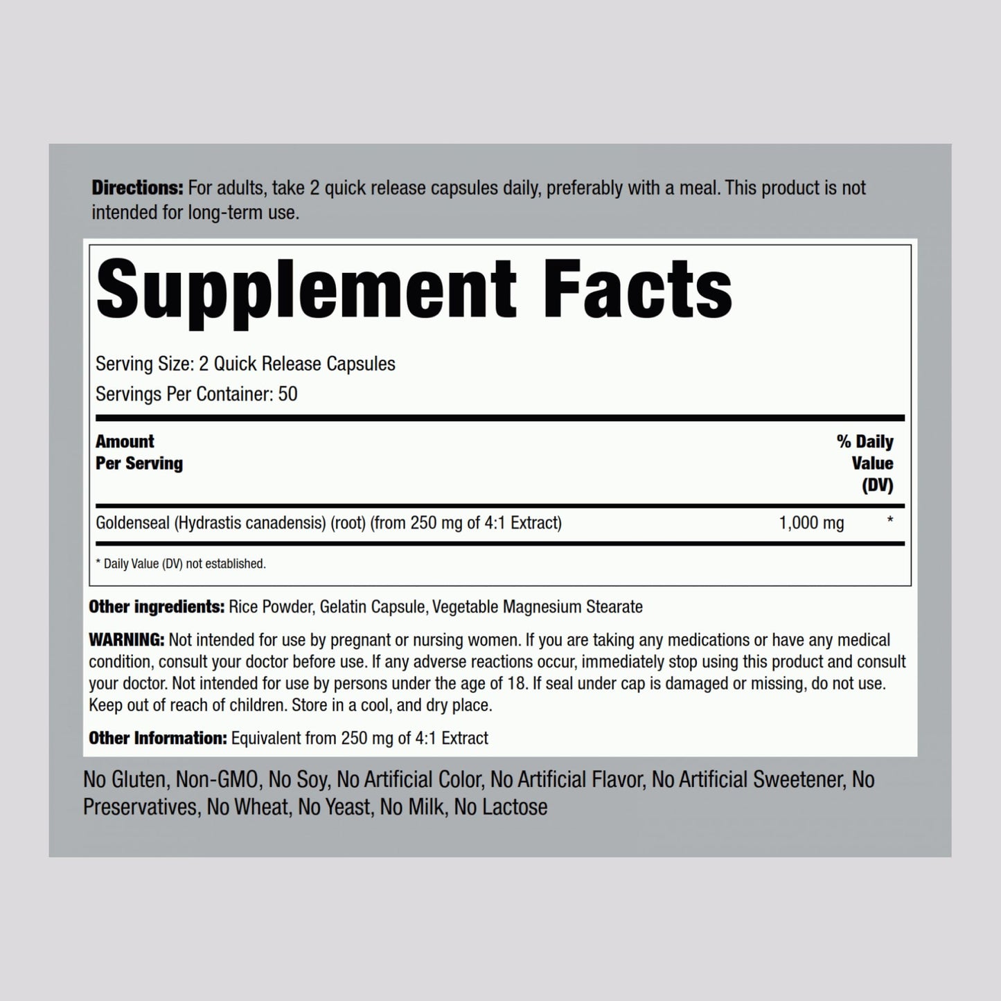 Piping Rock Goldenseal Root supplement facts and ingredient label