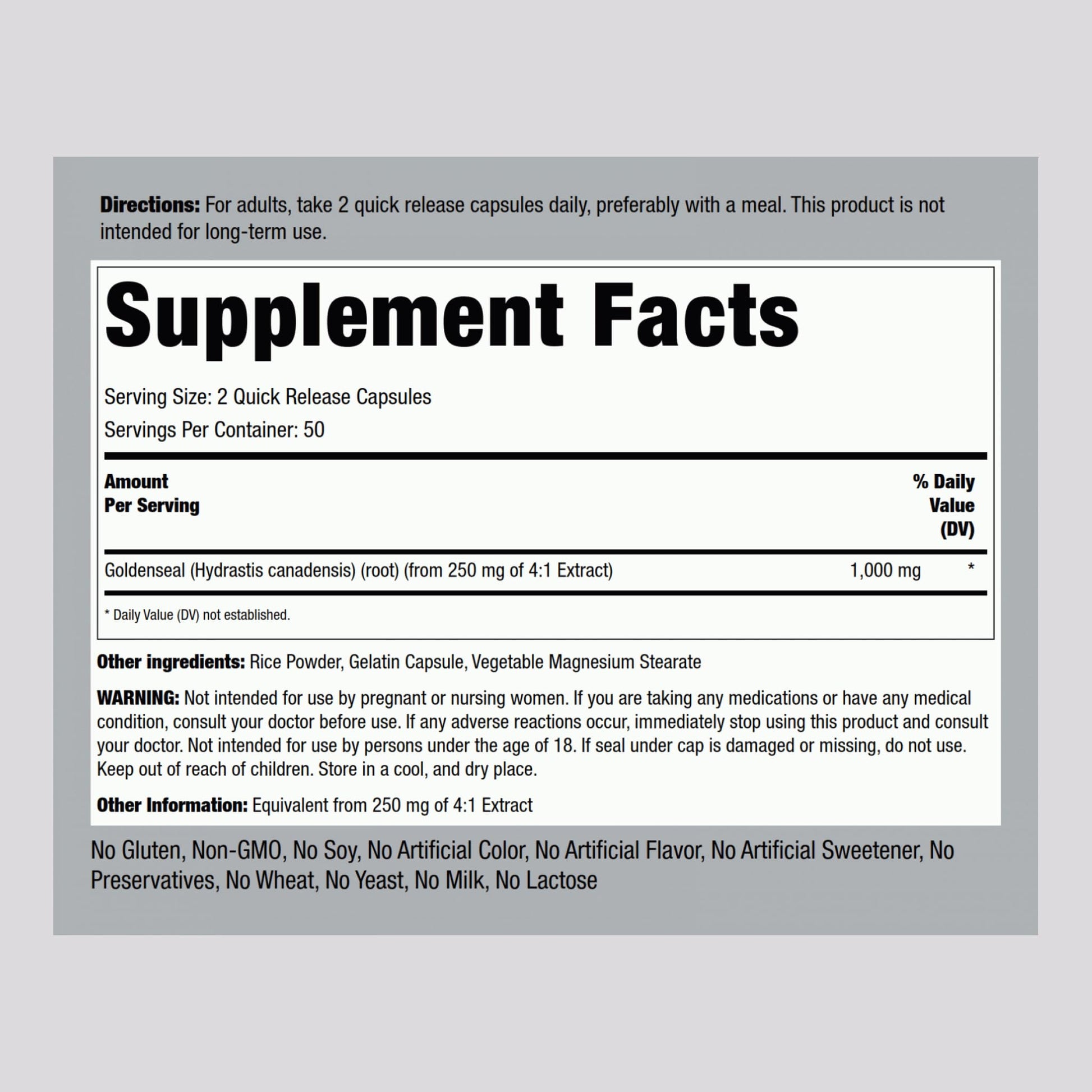 Piping Rock Goldenseal Root supplement facts and ingredient label