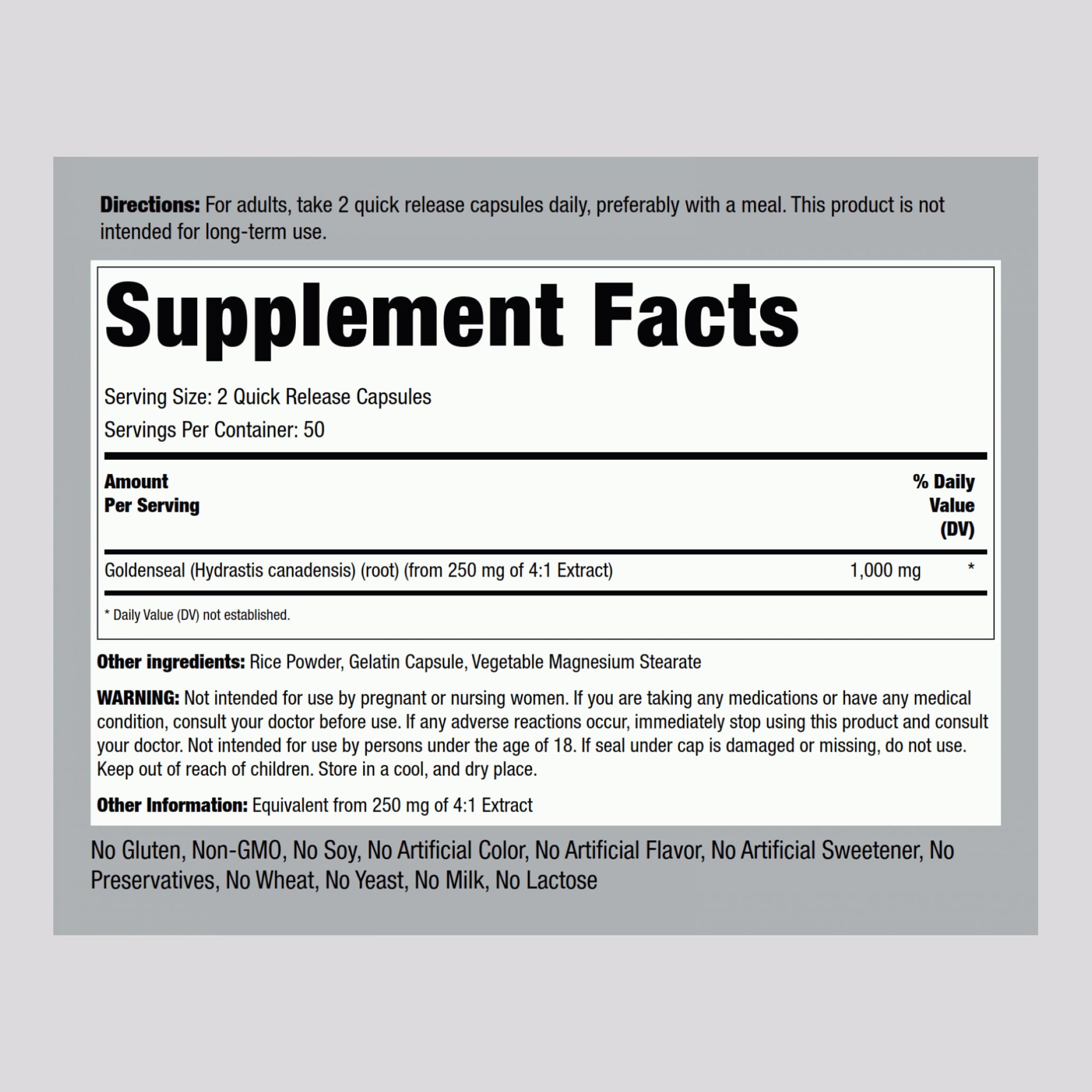 Piping Rock Goldenseal Root supplement facts and ingredient label
