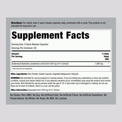 Piping Rock Goldenseal Root supplement facts and ingredient label