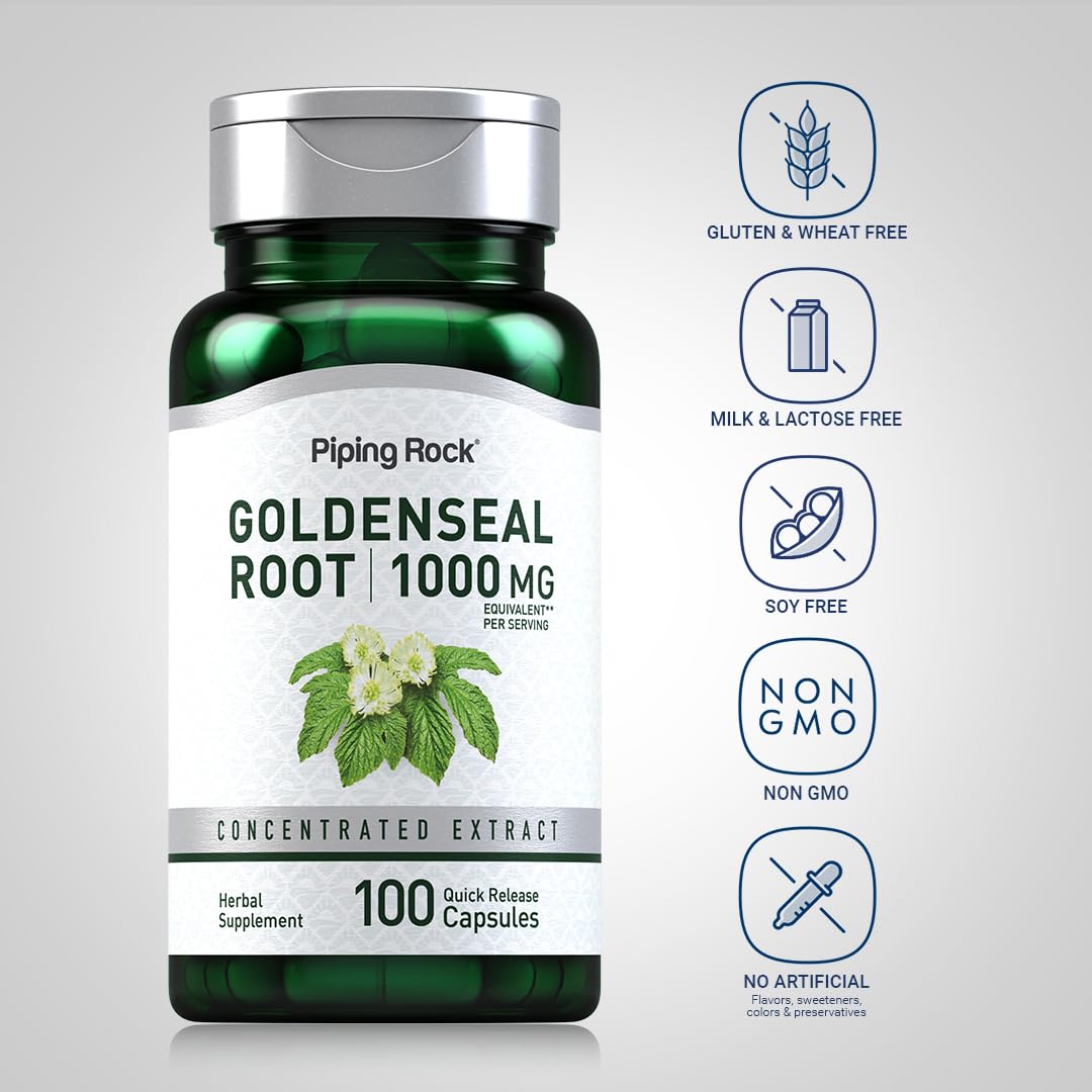 Side view of Piping Rock Goldenseal Root herbal extract bottle showing usage instructions