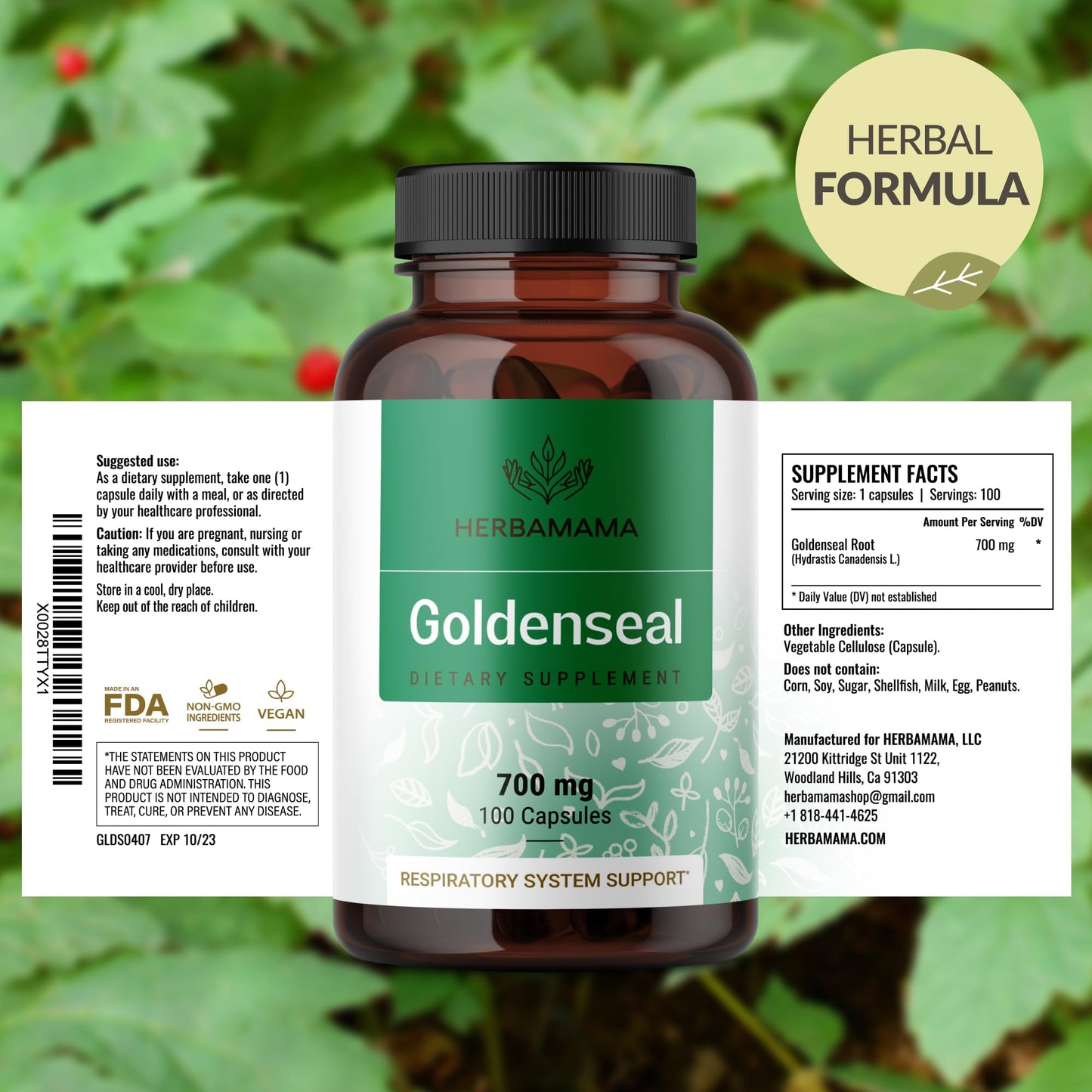Herbamama Goldenseal dietary supplement showcasing clean green formula text