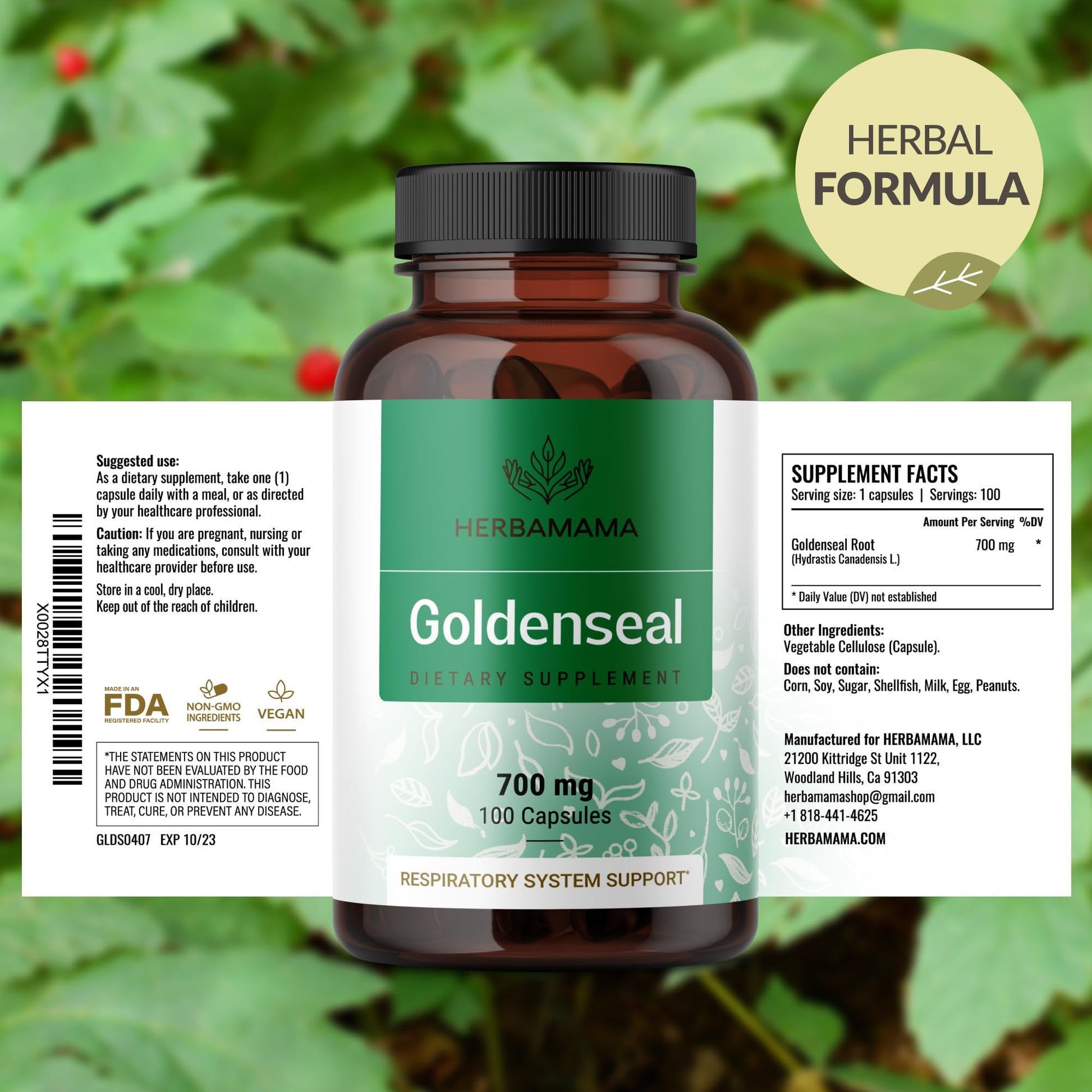 Herbamama Goldenseal dietary supplement showcasing clean green formula text