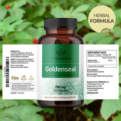 Herbamama Goldenseal dietary supplement showcasing clean green formula text