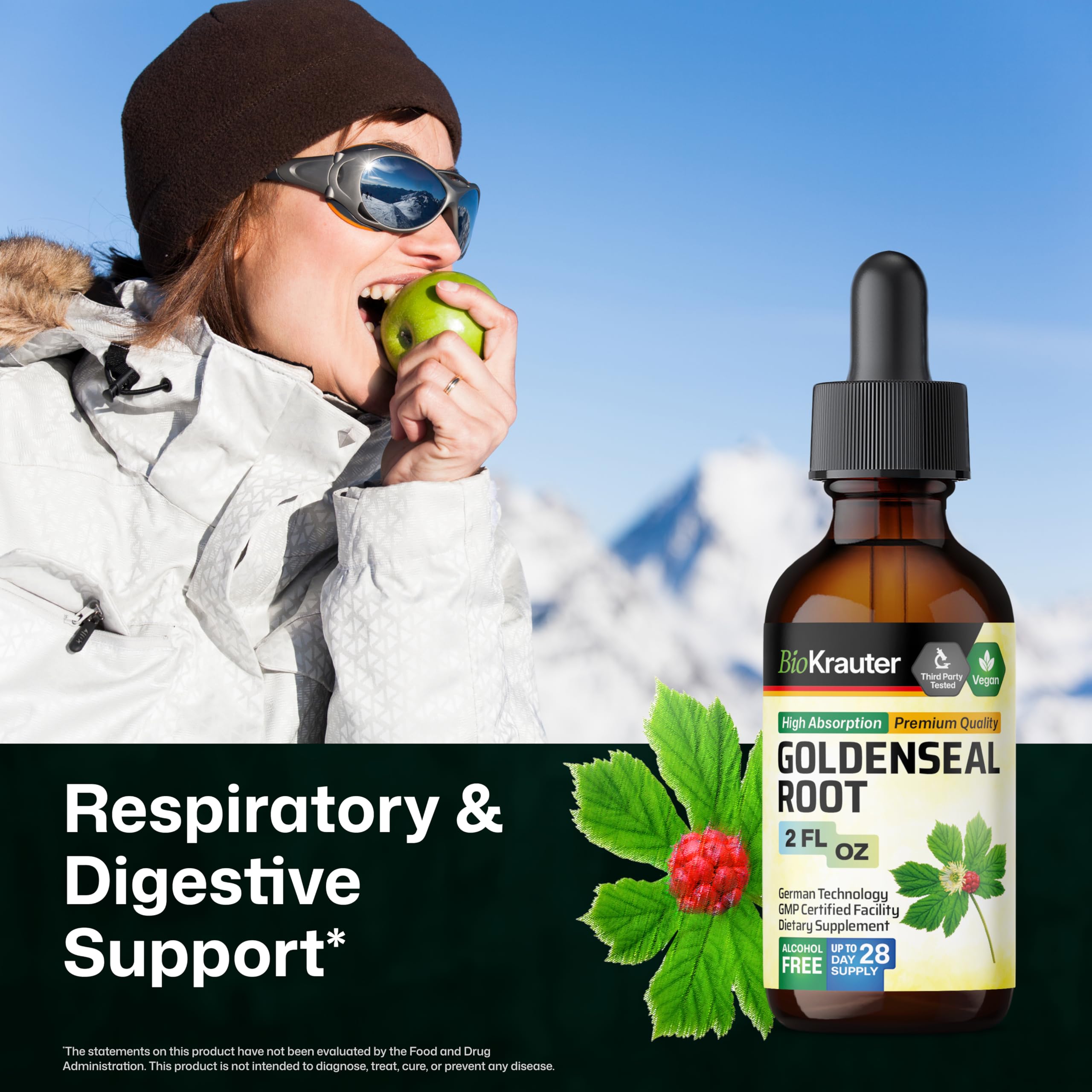 BIO KRAUTER Goldenseal Root alcohol free liquid supplement drops ingredients panel close up