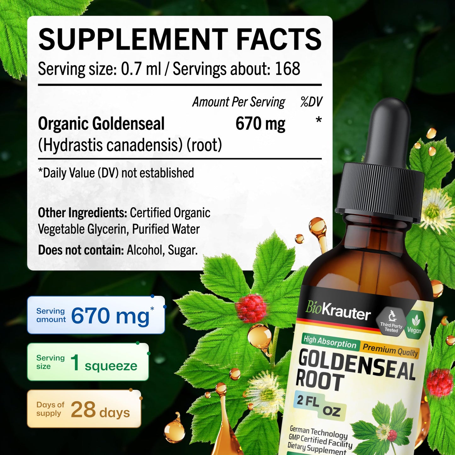 BIO KRAUTER Goldenseal Root liquid herbal extract dropper bottle top view angle