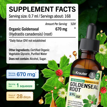 BIO KRAUTER Goldenseal Root liquid herbal extract dropper bottle top view angle