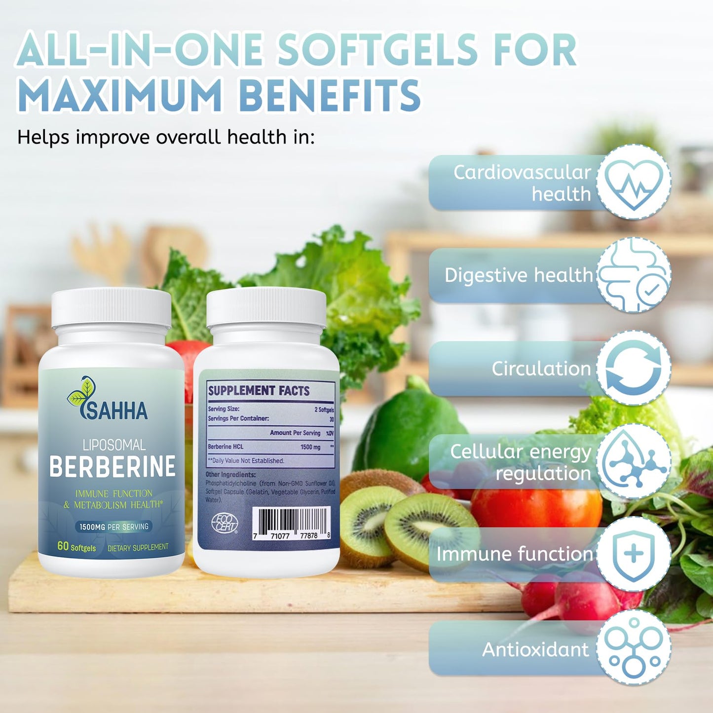 Vegan certified non-GMO liposomal berberine HCL 1500mg product packaging lifestyle shot
