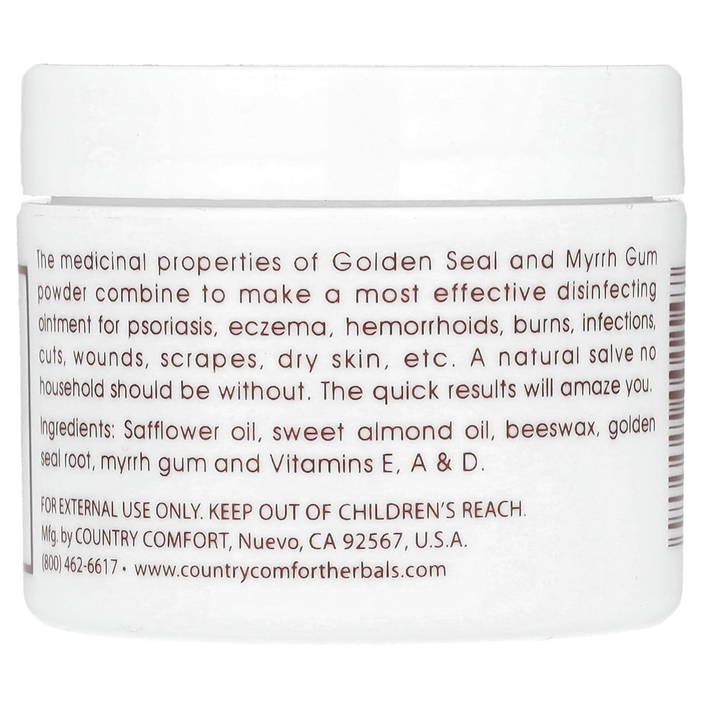 Country Comfort Goldenseal Myrrh salve container top view detailing the herbal skin hydration formula ingredients.