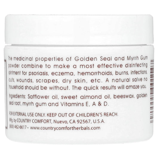 Country Comfort Goldenseal Myrrh salve container top view detailing the herbal skin hydration formula ingredients.