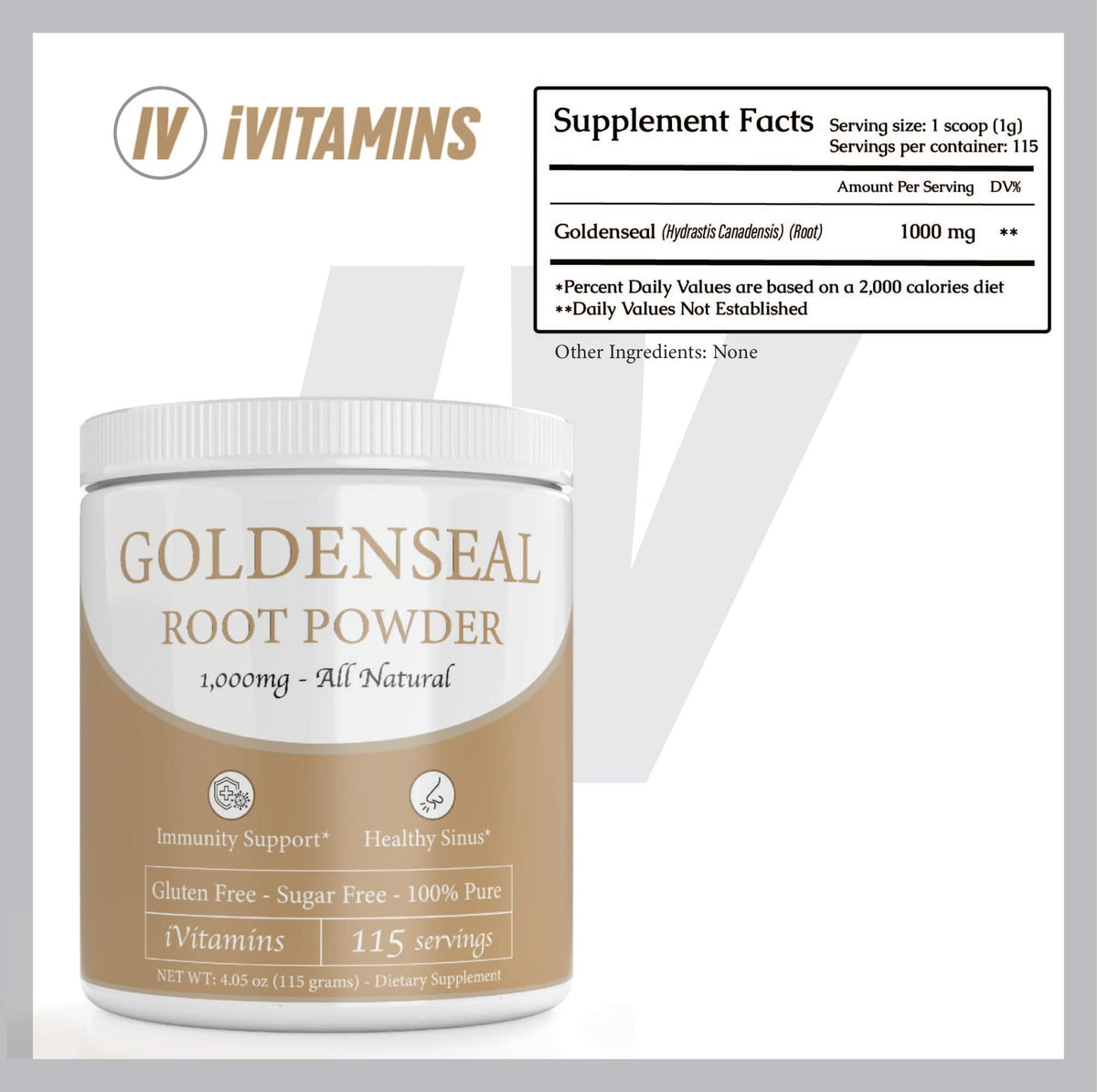 iVitamins Goldenseal Root Powder supplement nutrition facts panel close up