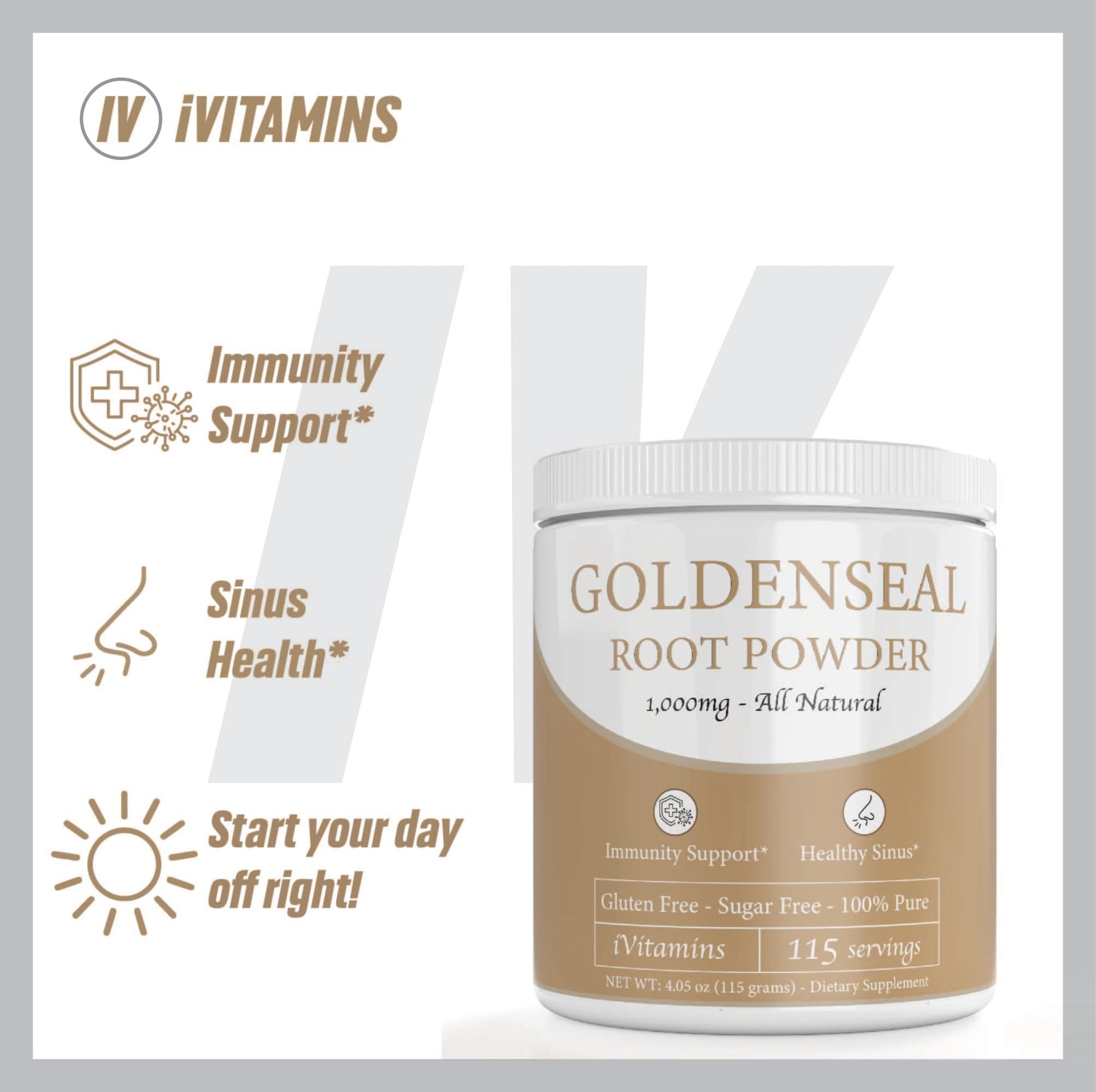 iVitamins Golden Seal Powder organic immunity and sinus wellness container angle
