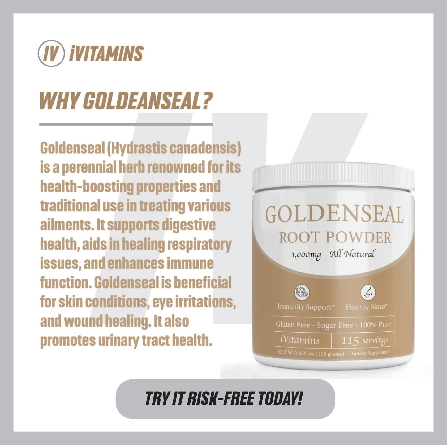iVitamins Goldenseal dietary supplement one hundred fifteen servings jar packaging