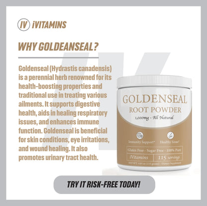 iVitamins Goldenseal dietary supplement one hundred fifteen servings jar packaging