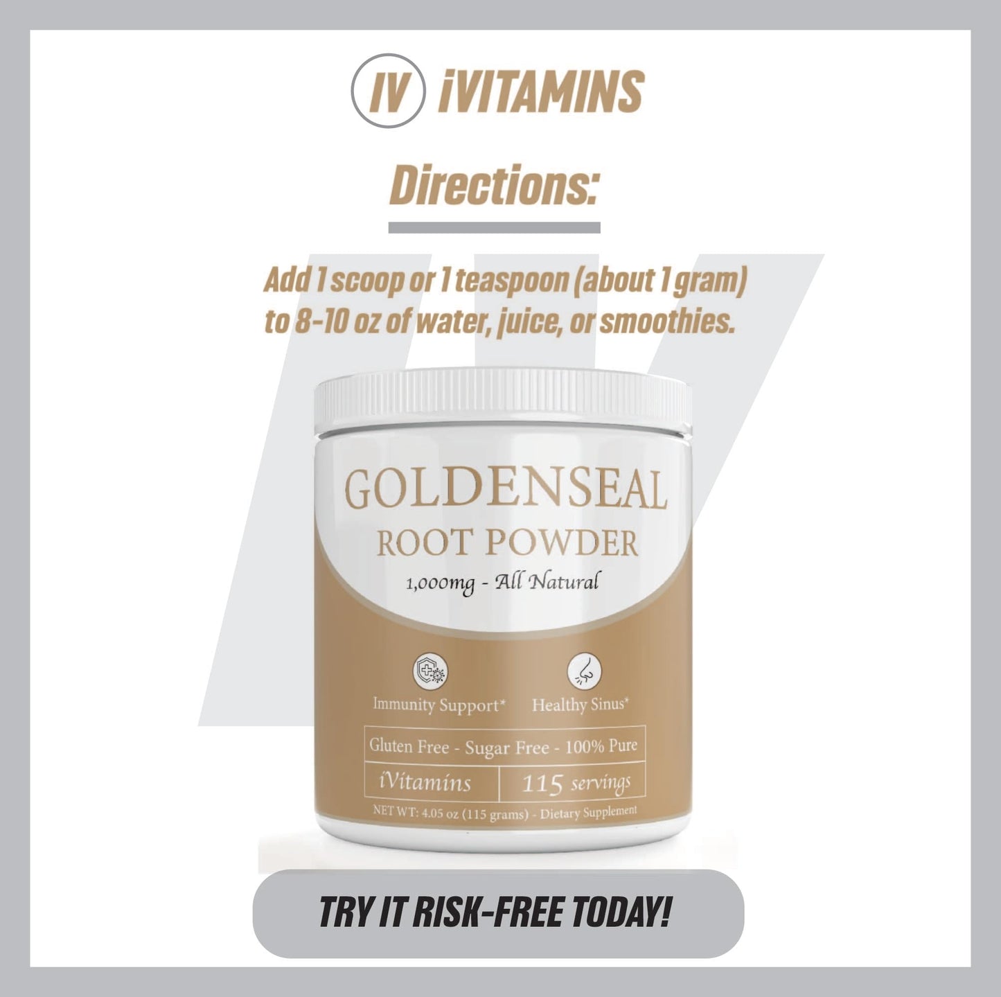 iVitamins organic herbal goldenseal root powder unflavored supplement container