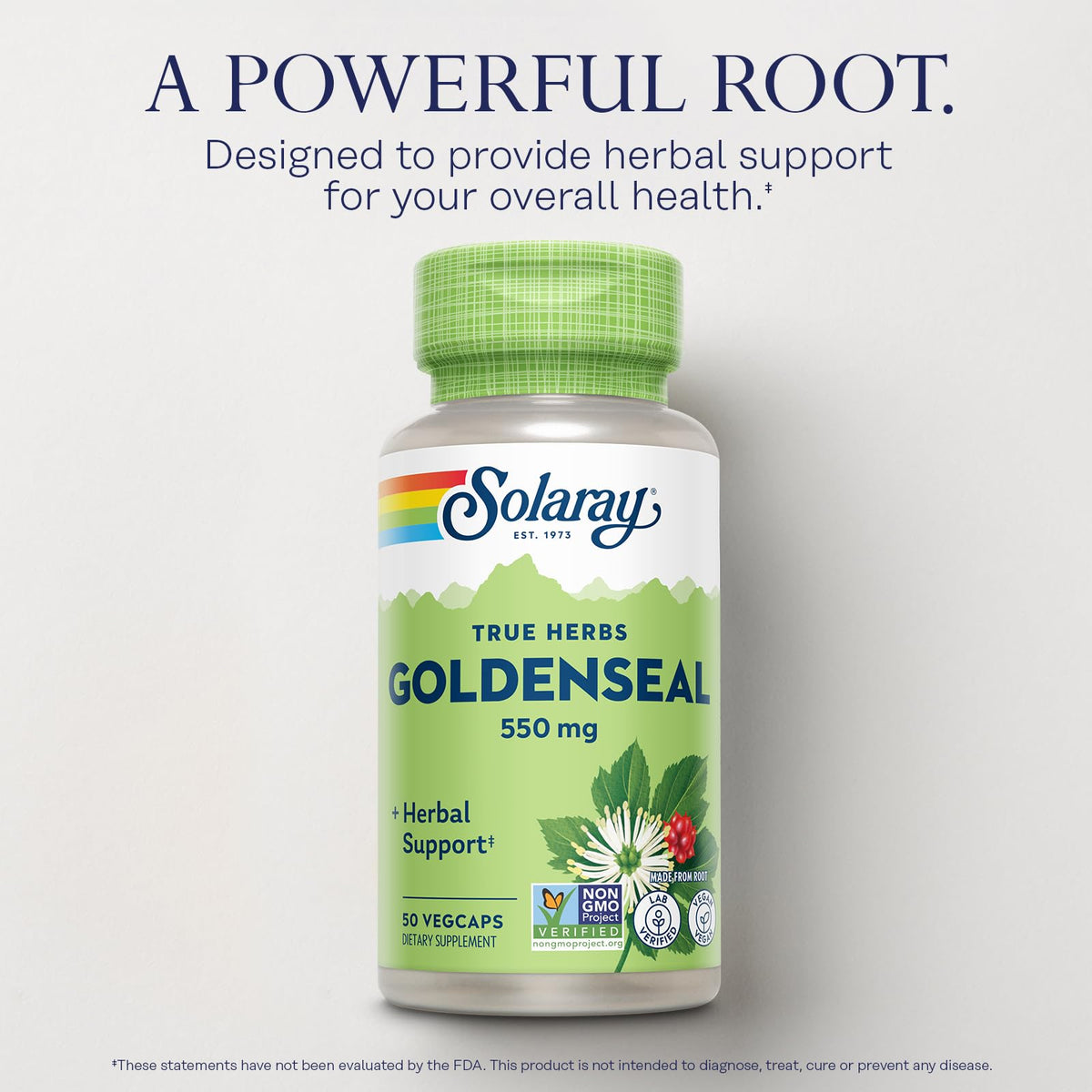 Solaray Goldenseal capsules non-GMO and vegan certification seals