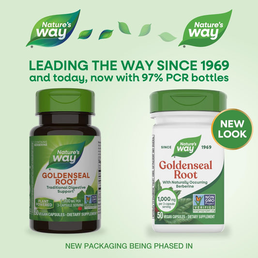 Nature's Way Goldenseal Root digestive support supplement label ingredients and directions layout.