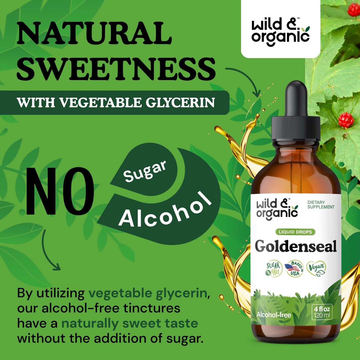 Wild And Organic Goldenseal root supplement 4 fluid ounces bottle