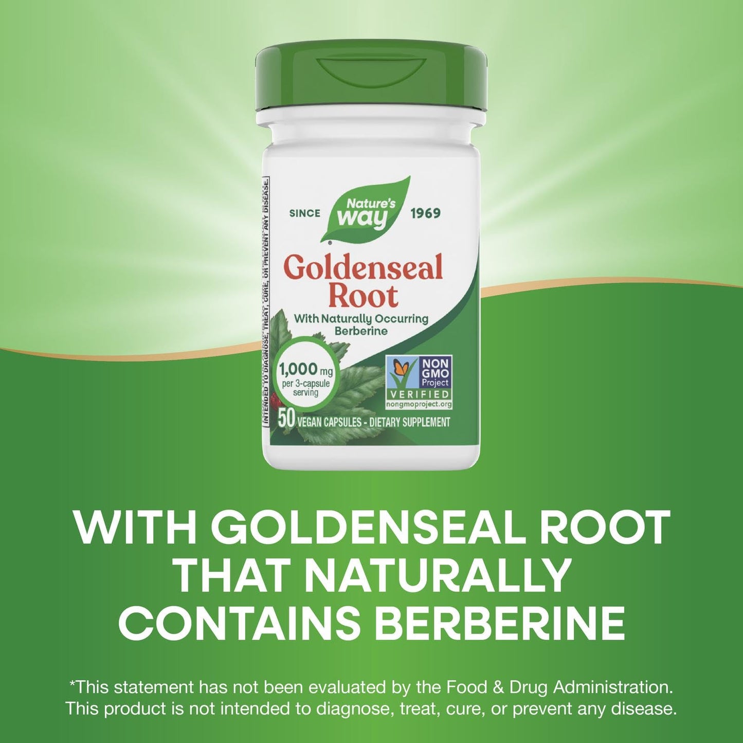 Authentic USA imported Nature's Way Goldenseal Root bottle showcasing the brand trust leaf logo.