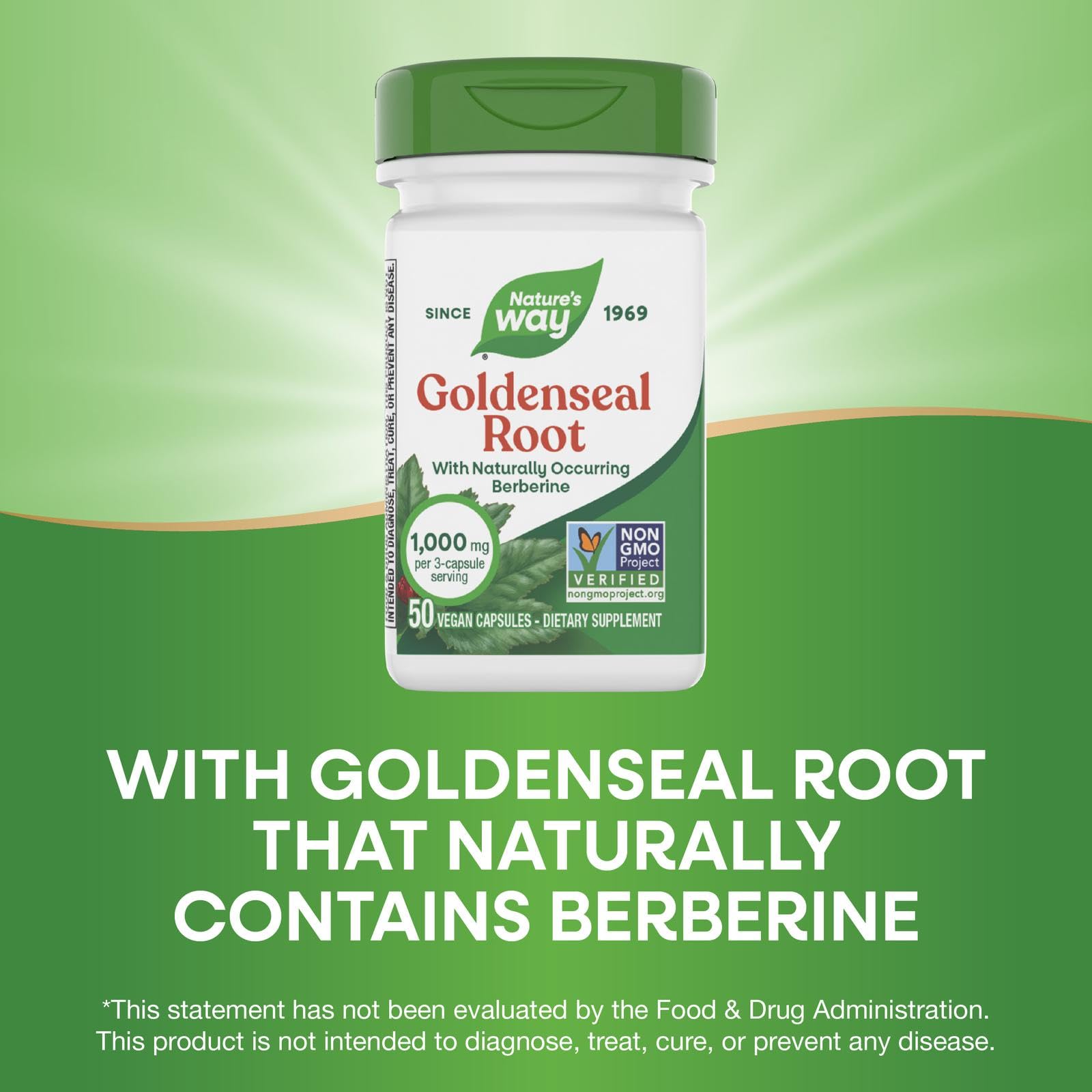 Authentic USA imported Nature's Way Goldenseal Root bottle showcasing the brand trust leaf logo.
