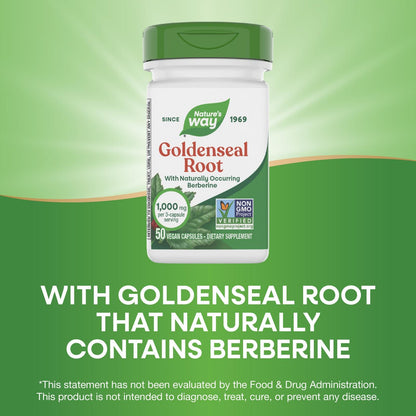 Authentic USA imported Nature's Way Goldenseal Root bottle showcasing the brand trust leaf logo.