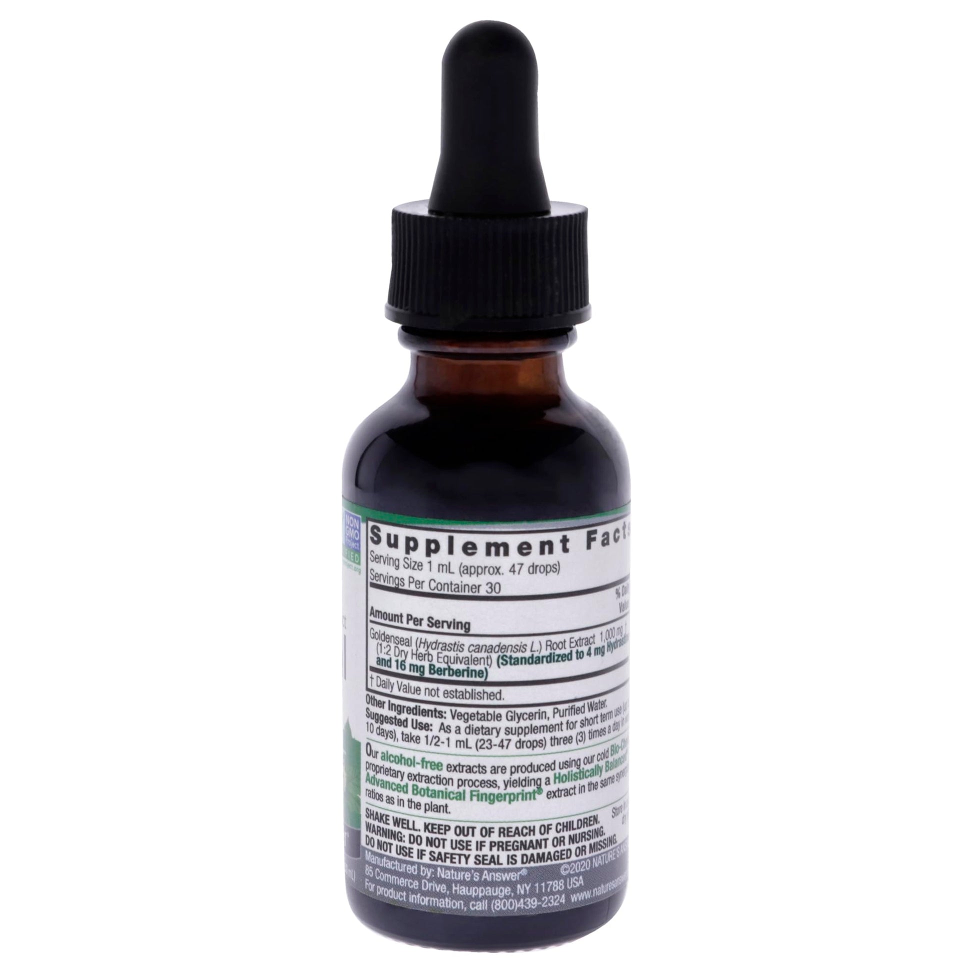 Alcohol-free Nature's Answer Goldenseal Root 1000mg herbal supplement ingredient labels and holistic balance verification.