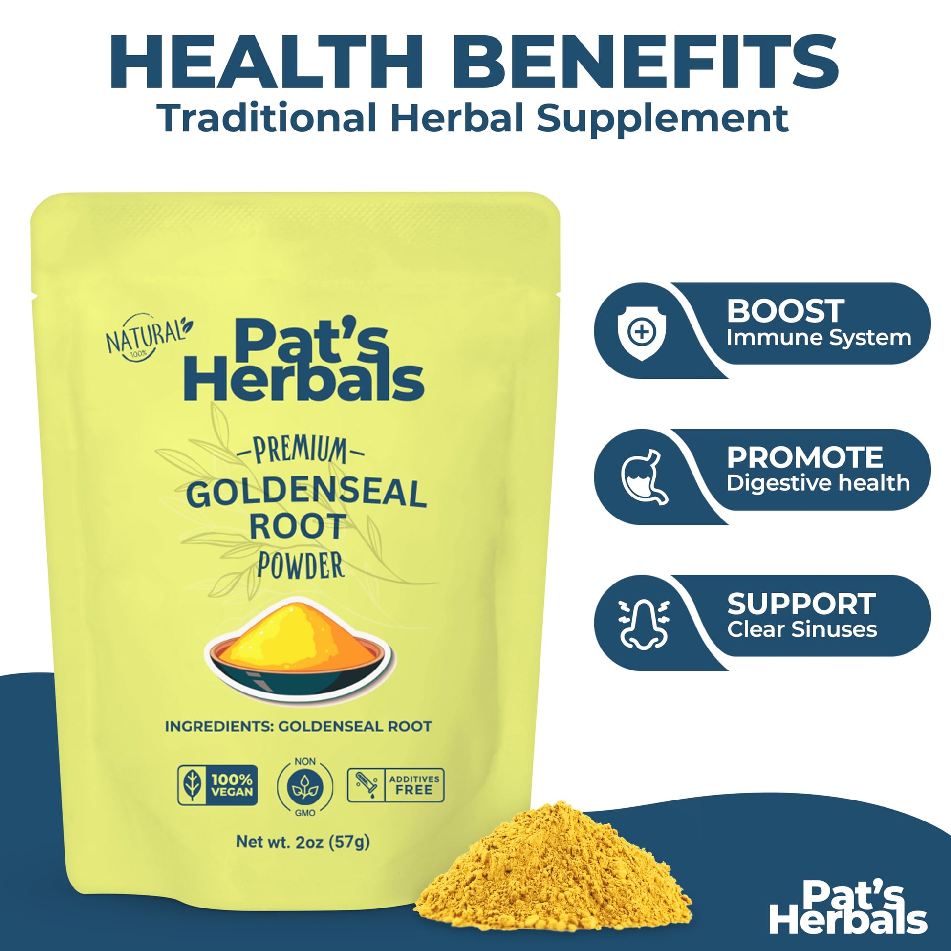 Back of Pat's Herbals Goldenseal bag showing nutritional information and serving size