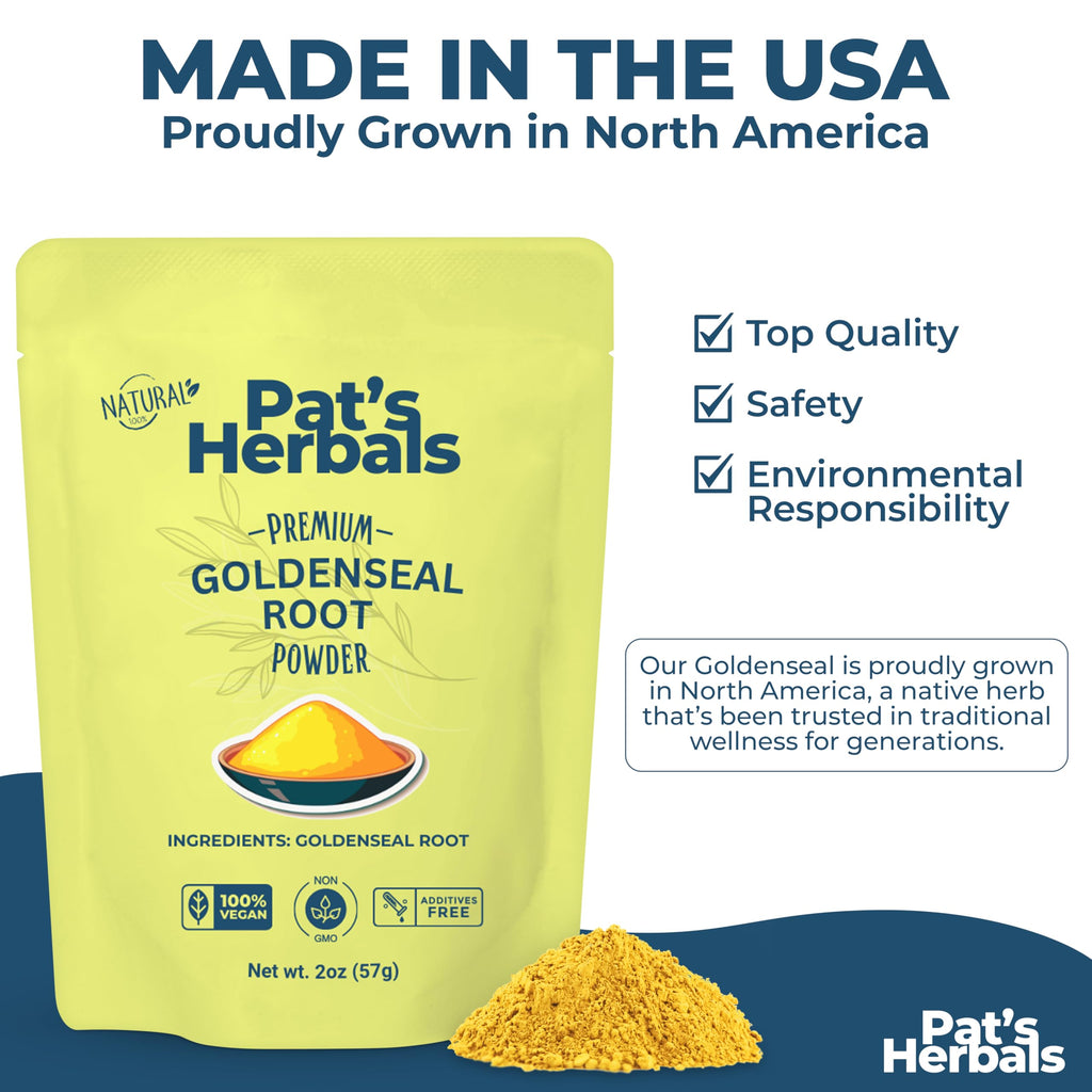Premium wellness supplement pouch showing two ounces of yellow root powder