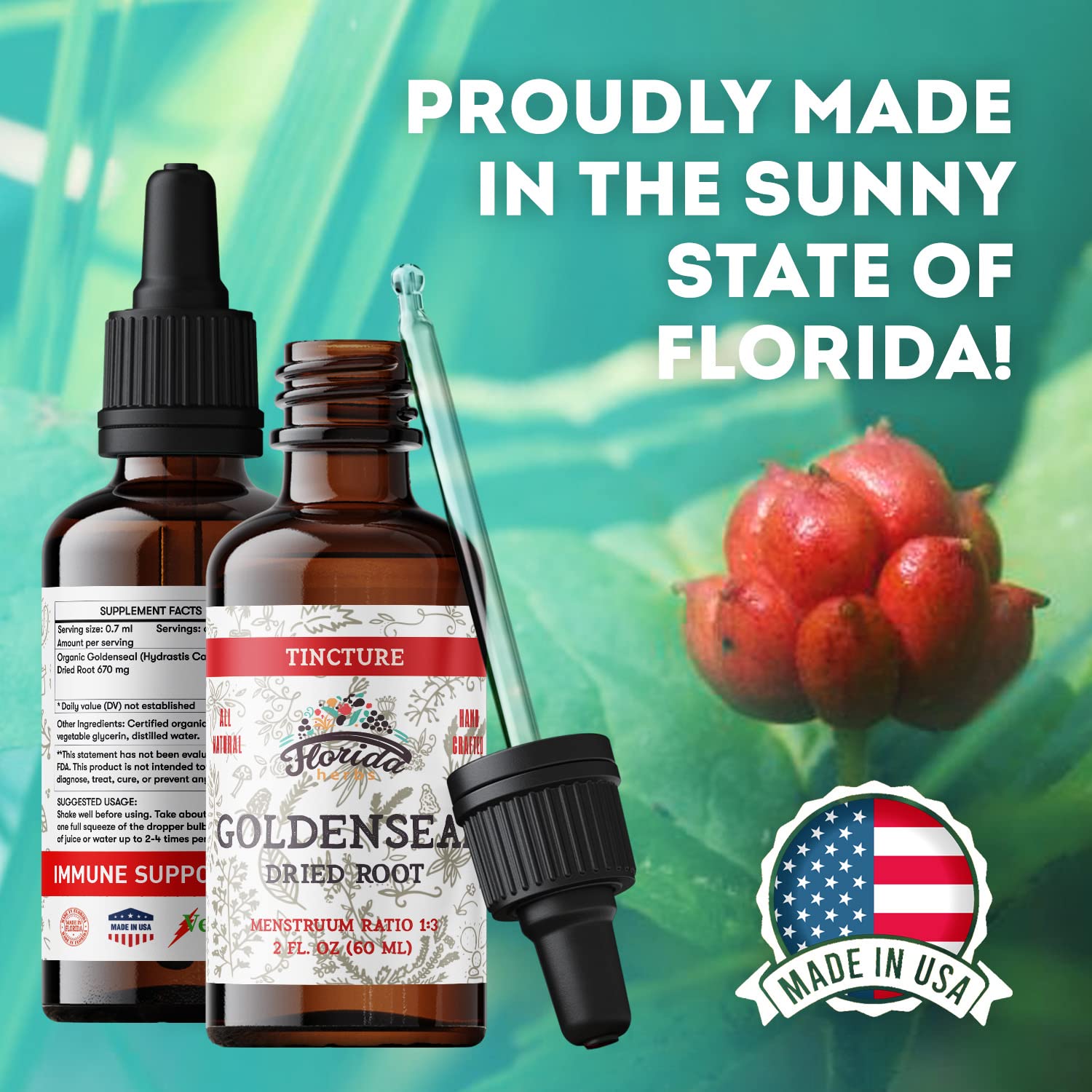 Florida Herbs brand goldenseal alcohol free tincture lifestyle display entry