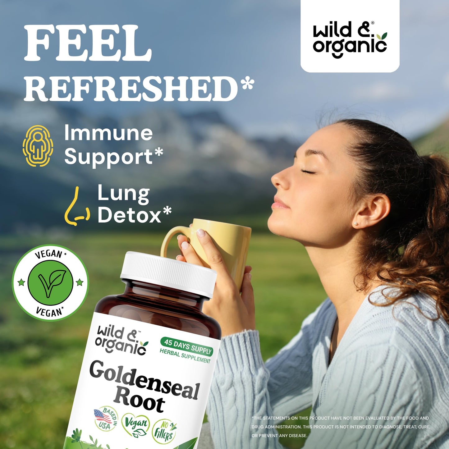 Wild And Organic Goldenseal Root ninety vegan capsules label details