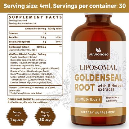 HERBILO Goldenseal liquid tincture side panel detailing the advanced liposomal technology and absorption benefits.